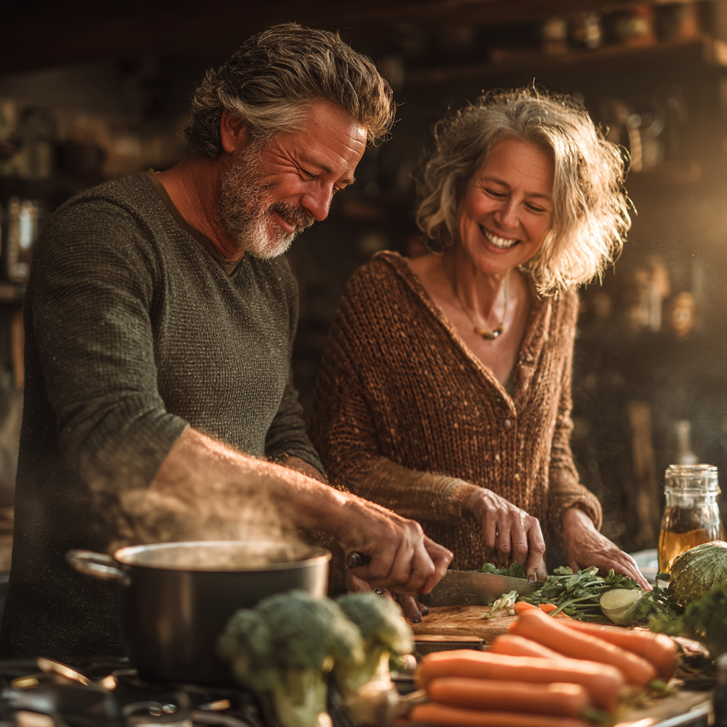 A happy couple in their early 50s cooking together in a sunlit kitchen, the man stirring a pot while the woman chops fresh vegetables, both smiling and enjoying the moment