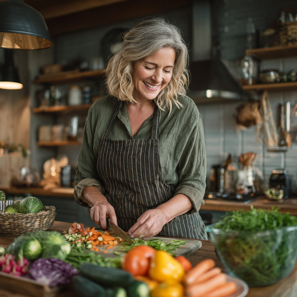 A smiling woman in her late 40s preparing a colorful healthy salad in a modern bright kitchen, surrounded by fresh vegetables and fruits on the counter